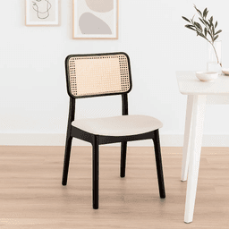 Silla de Comedor con Respaldo de Ratán y Asiento Tapizado - Beige